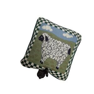 Vintage Small Square Tapestry Pillow Green Check Border Permin Grey Sheep